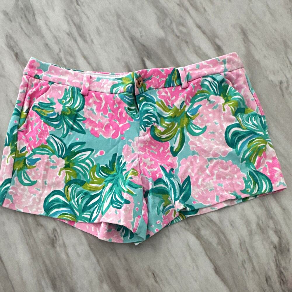 Lilly Pulitzer Mid Rise Chino Twill Shorts Pink Floral Tropical size 12 0014